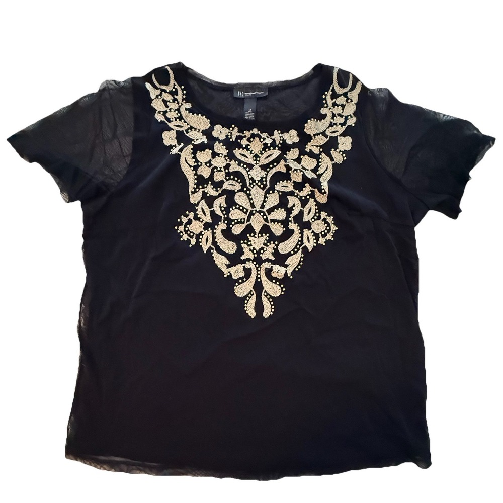 INC International Concepts Women XL Black Mesh Gold Beaded Stretch Top Evening